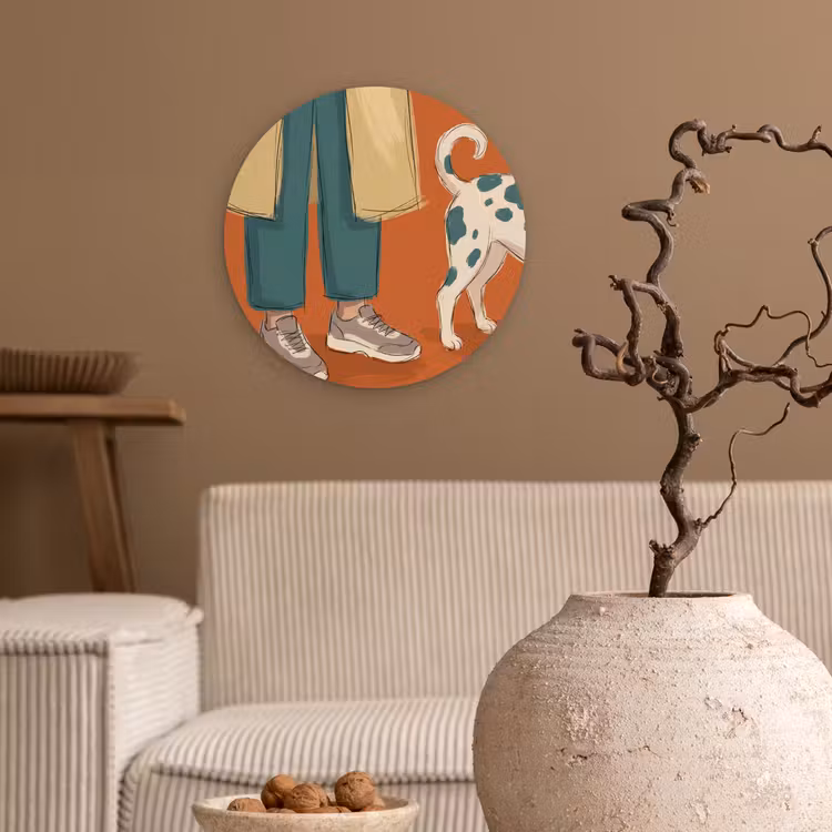 Persoon - Hond - Dieren - Illustratie - Modern Wandcirkel kunststof plaat 5mm dik klein -sfeer1