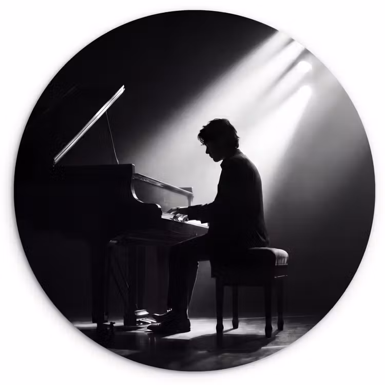 Persoon - Piano - Muziek - Zwart-wit - Podium Wandcirkel kunststof plaat 5mm dik klein -3d