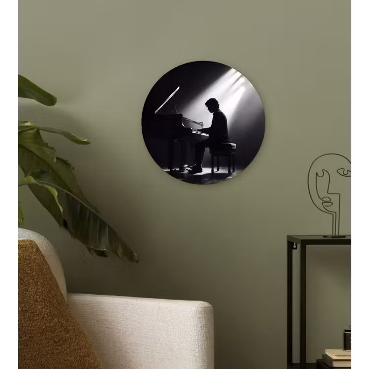 Persoon - Piano - Muziek - Zwart-wit - Podium Wandcirkel kunststof plaat 5mm dik klein -sfeer3