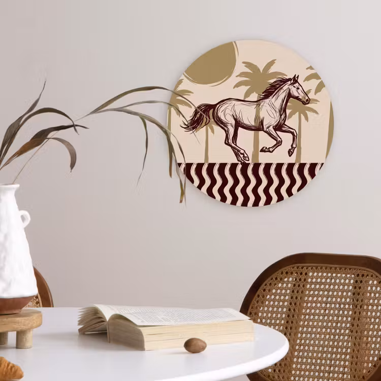 Paard - Galopperend - Woestijn - Illustratie Wandcirkel kunststof plaat 5mm dik klein -sfeer4