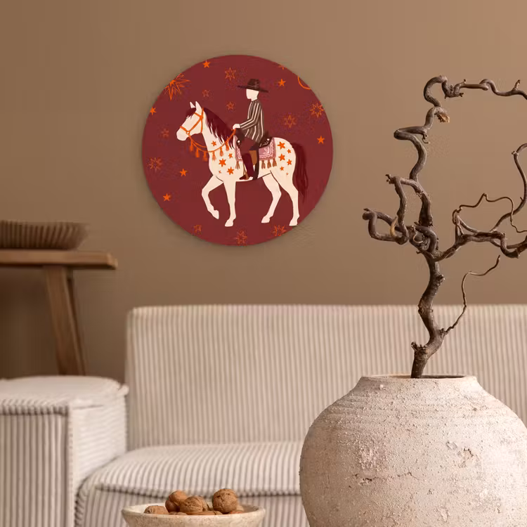 Paard - Ruiter - Sterren - Nacht - Illustratie Wandcirkel kunststof plaat 5mm dik klein -sfeer1