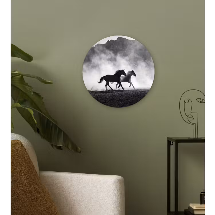 Paard - Ren - Stof - Zwart-wit - Dieren Wandcirkel kunststof plaat 5mm dik klein -sfeer3