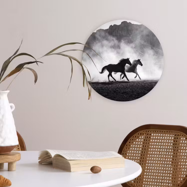 Paard - Ren - Stof - Zwart-wit - Dieren Wandcirkel kunststof plaat 5mm dik klein -sfeer4