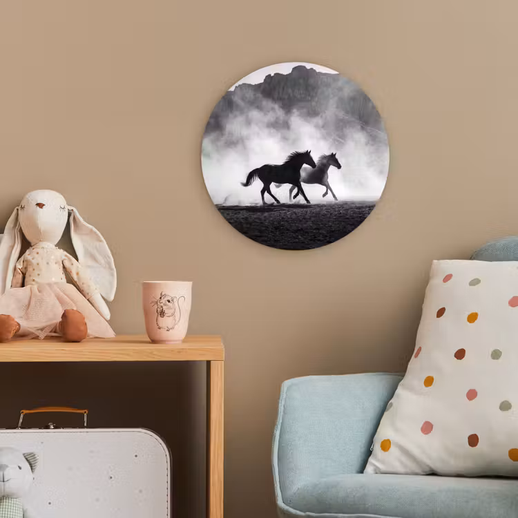 Paard - Ren - Stof - Zwart-wit - Dieren Wandcirkel kunststof plaat 5mm dik klein -tsfeer1_kind