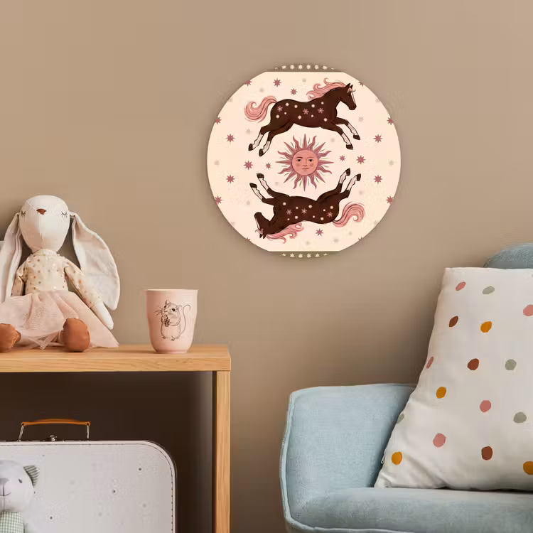 Paard - Zon - Mystiek - Illustratie - Roze Wandcirkel kunststof plaat 5mm dik klein -tsfeer1_kind