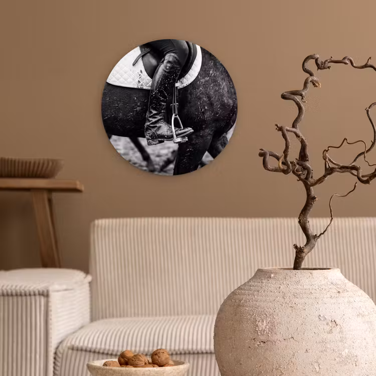 Paard - Sport - Zwart - Wit Wandcirkel kunststof plaat 5mm dik klein -sfeer1