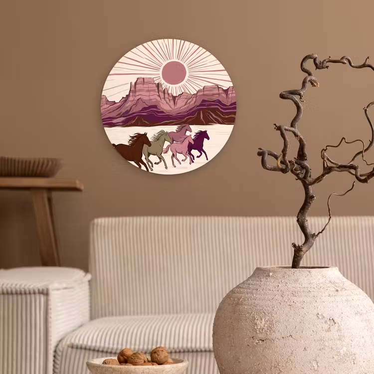 Paarden - Rennend - Woestijn - Natuur - Abstract Wandcirkel kunststof plaat 5mm dik klein -sfeer1