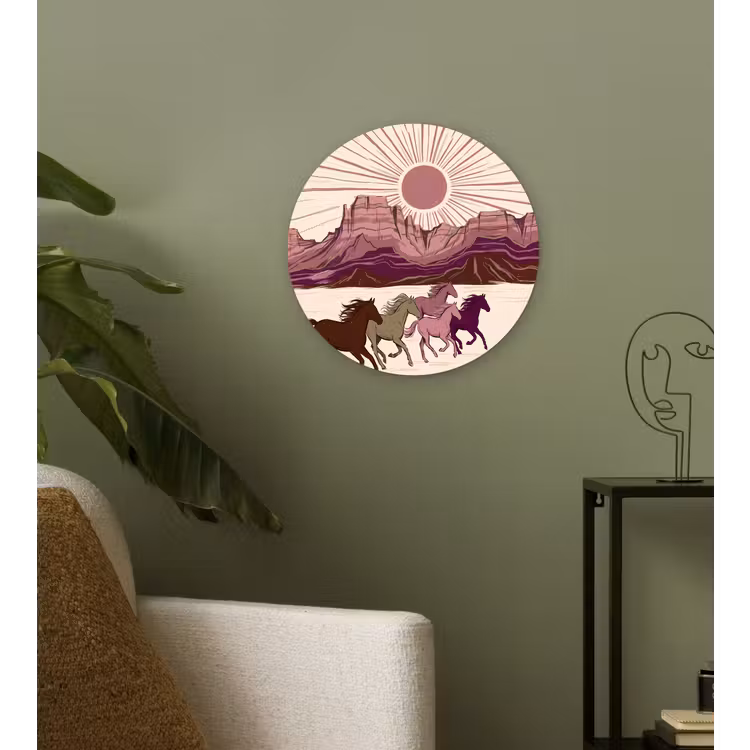 Paarden - Rennend - Woestijn - Natuur - Abstract Wandcirkel kunststof plaat 5mm dik klein -sfeer3
