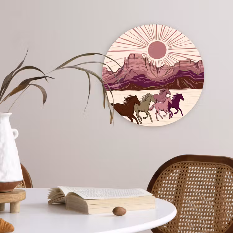 Paarden - Rennend - Woestijn - Natuur - Abstract Wandcirkel kunststof plaat 5mm dik klein -sfeer4