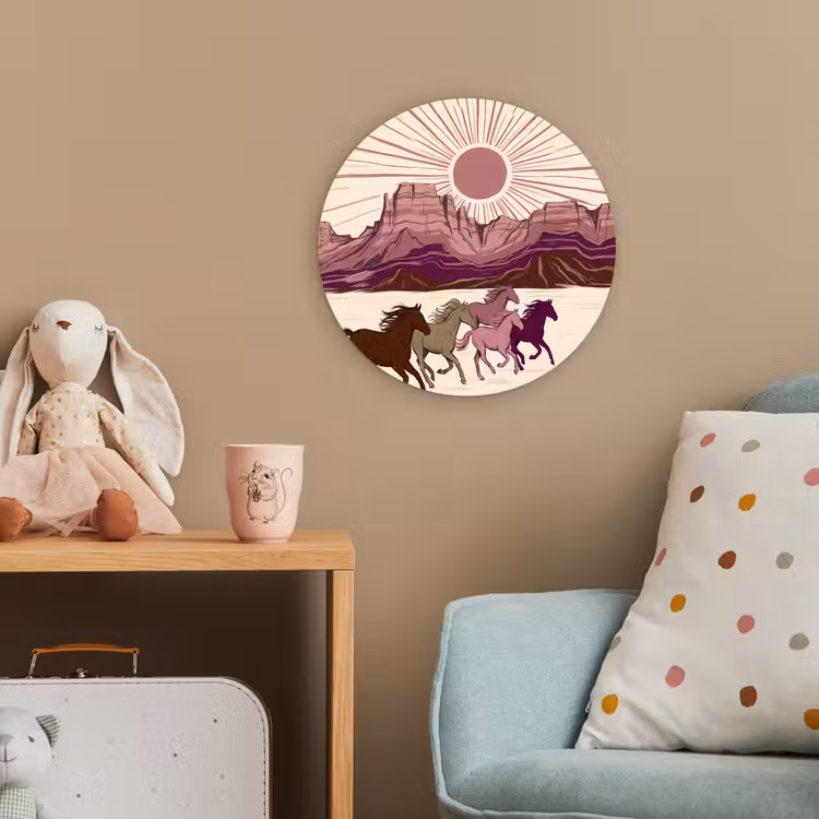 Paarden - Rennend - Woestijn - Natuur - Abstract Wandcirkel kunststof plaat 5mm dik klein -tsfeer1_kind