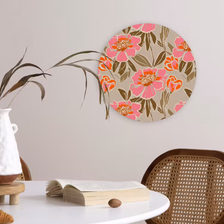 Pioenrozen - Patroon - Roze Wandcirkel kunststof plaat 5mm dik klein 188 -sfeer4