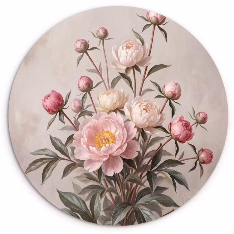 Pioenrozen - Boeket - Roze Wandcirkel kunststof plaat 5mm dik klein -3d