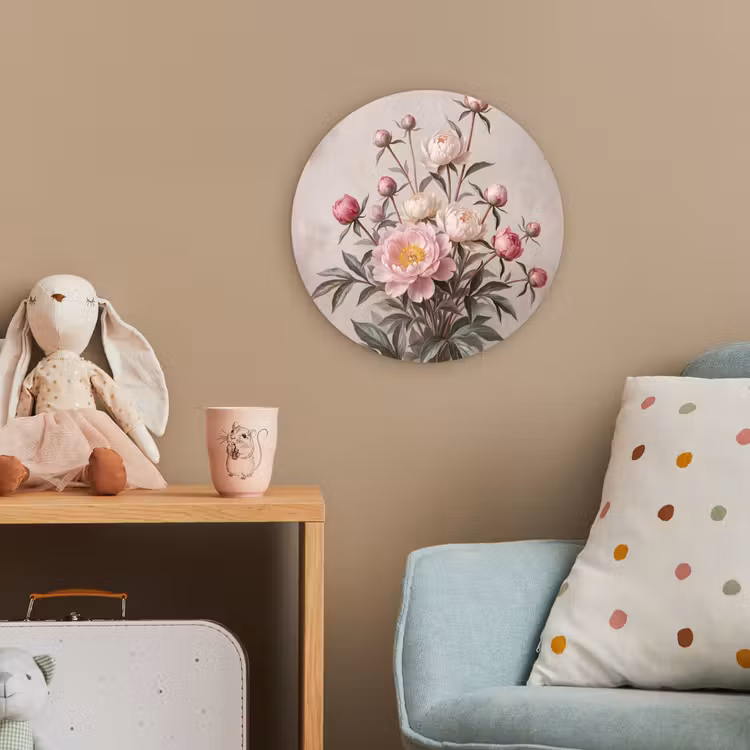 Pioenrozen - Boeket - Roze Wandcirkel kunststof plaat 5mm dik klein -tsfeer1_kind