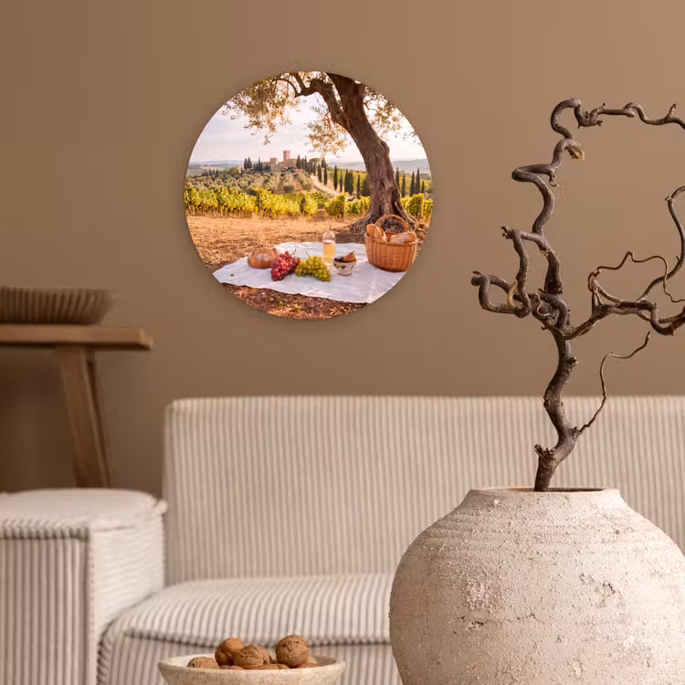 Picknick - Wijngaard - Landschap - Zomer - Eten Wandcirkel kunststof plaat 5mm dik klein -sfeer1