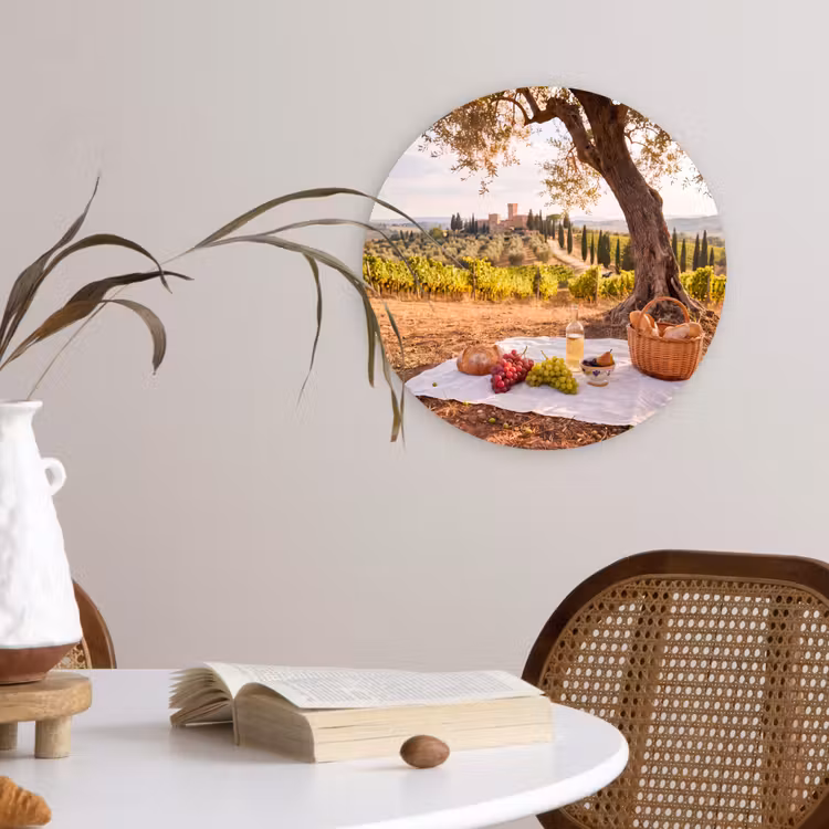 Picknick - Wijngaard - Landschap - Zomer - Eten Wandcirkel kunststof plaat 5mm dik klein -sfeer4