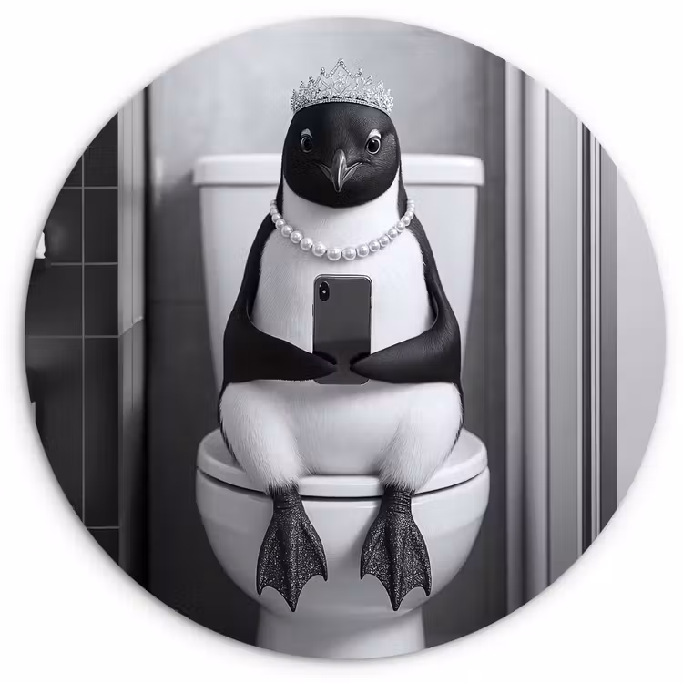 Pinguïn - Telefoon - Toilet - Zwart - Wit Wandcirkel kunststof plaat 5mm dik klein -3d