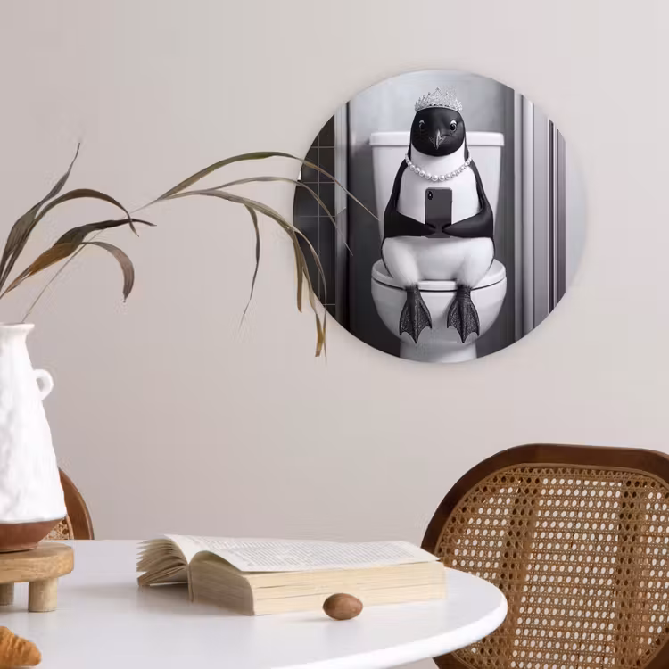 Pinguïn - Telefoon - Toilet - Zwart - Wit Wandcirkel kunststof plaat 5mm dik klein -sfeer4