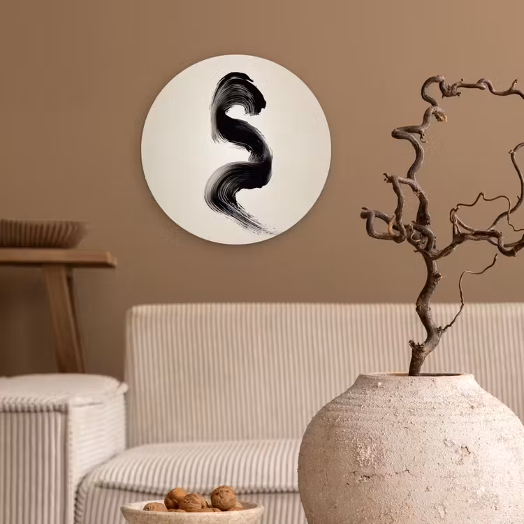 Penseelstreek - Zwart - Minimalistisch Wandcirkel kunststof plaat 5mm dik klein -sfeer1