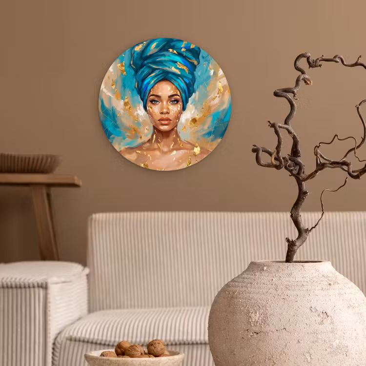 Portret - Vrouw - Schilderij - Blauw - Goud - Expressief Wandcirkel kunststof plaat 5mm dik klein -sfeer1
