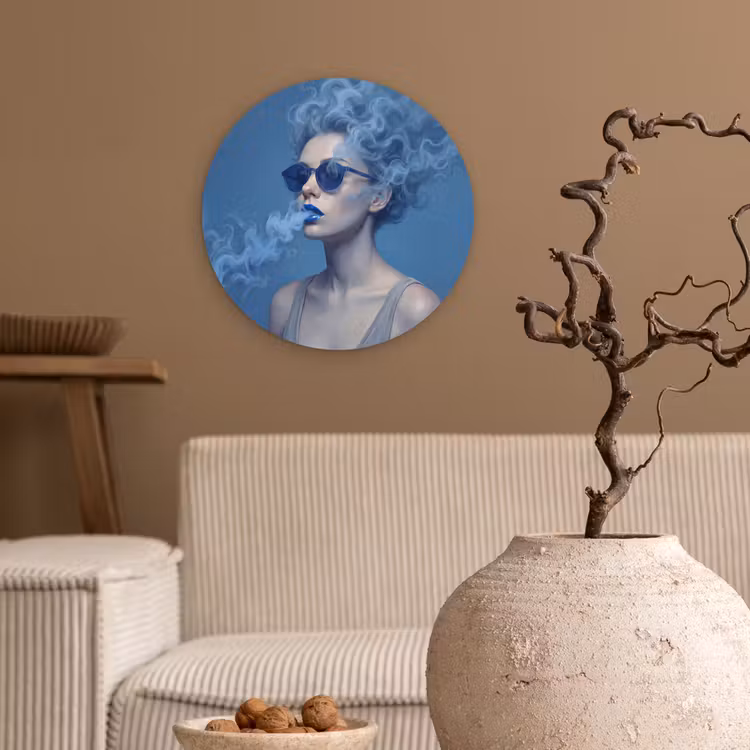 Portret - Zonnebril - Rook - Abstract - Blauw Wandcirkel kunststof plaat 5mm dik klein -sfeer1