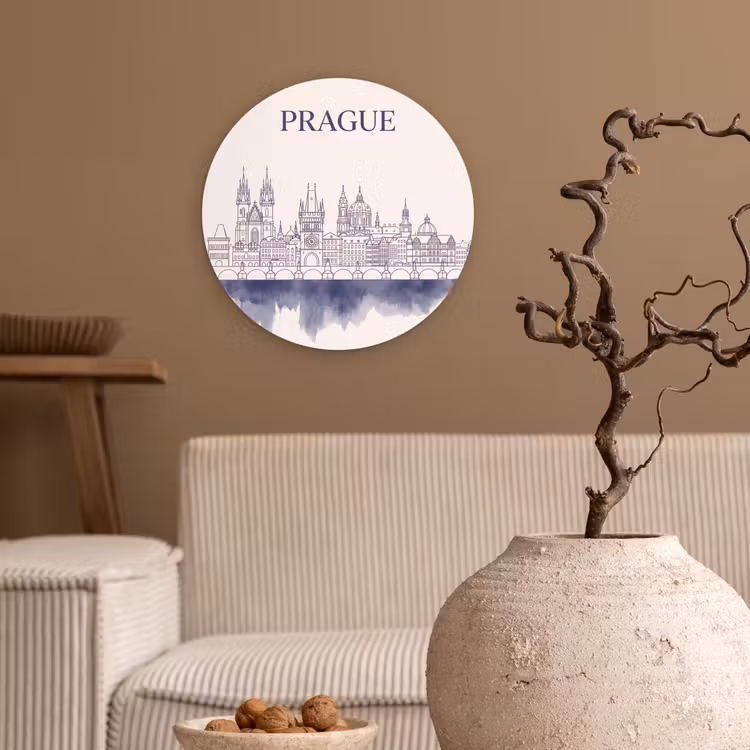 Praag - Skyline - Architectuur - Blauw Wandcirkel kunststof plaat 5mm dik klein -sfeer1