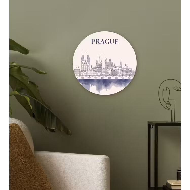 Praag - Skyline - Architectuur - Blauw Wandcirkel kunststof plaat 5mm dik klein -sfeer3