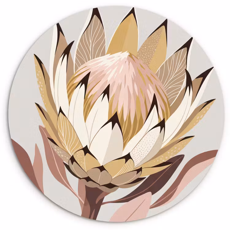 Protea - Bloem - Botanisch - Beige Wandcirkel kunststof plaat 5mm dik klein -3d