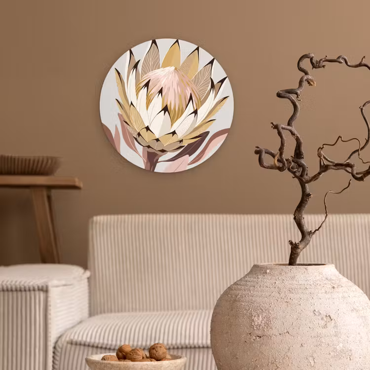 Protea - Bloem - Botanisch - Beige Wandcirkel kunststof plaat 5mm dik klein -sfeer1