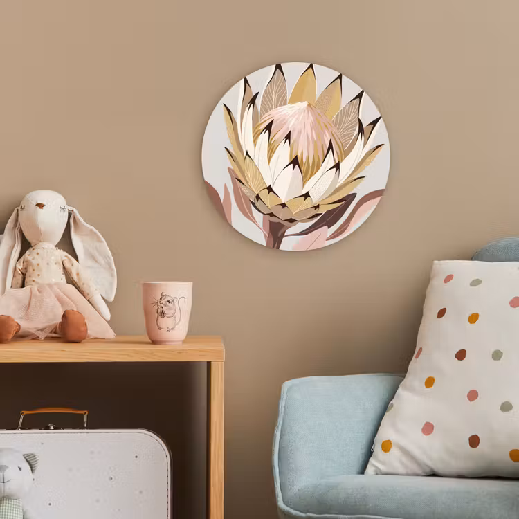 Protea - Bloem - Botanisch - Beige Wandcirkel kunststof plaat 5mm dik klein -tsfeer1_kind