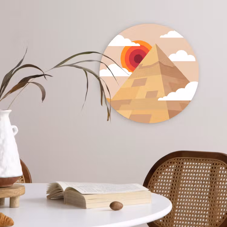 Piramide - Zon - Woestijn - Modern - Oranje Wandcirkel kunststof plaat 5mm dik klein -sfeer4