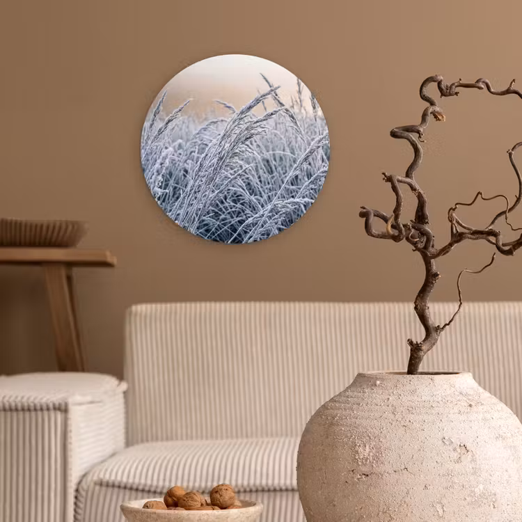 Rijp - Gras - Kristallen - Winter - Minimalistisch Wandcirkel kunststof plaat 5mm dik klein -sfeer1
