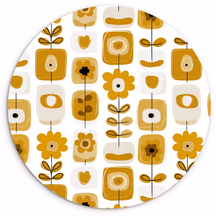 Retro - Abstract - Bloemen - Okergeel Wandcirkel kunststof plaat 5mm dik klein 188 -3d