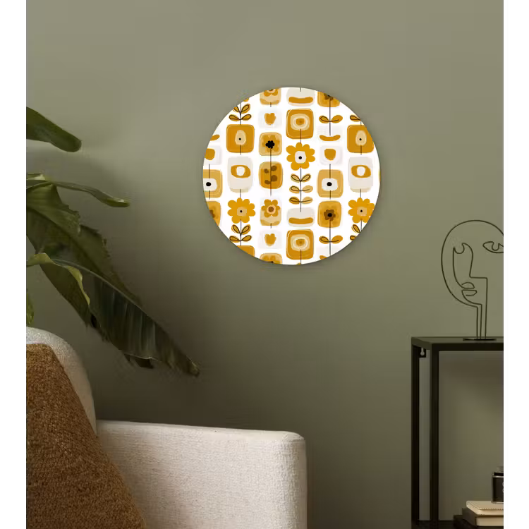 Retro - Abstract - Bloemen - Okergeel Wandcirkel kunststof plaat 5mm dik klein 188 -sfeer3