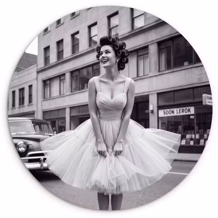 Retro - Vrouw - Zwart - Wit Wandcirkel kunststof plaat 5mm dik klein -3d