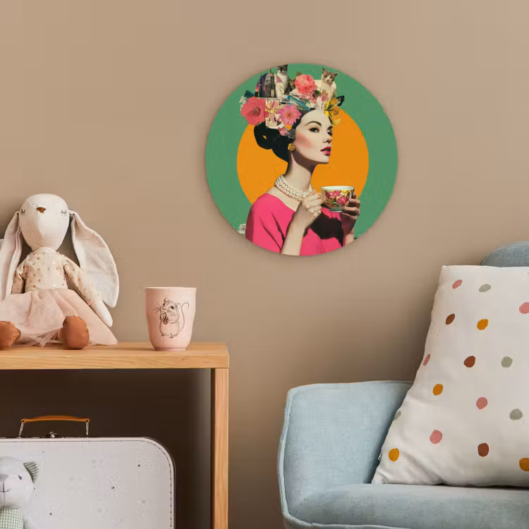 Retro - Vrouw - Stad - Zon Wandcirkel kunststof plaat 5mm dik klein -tsfeer1_kind
