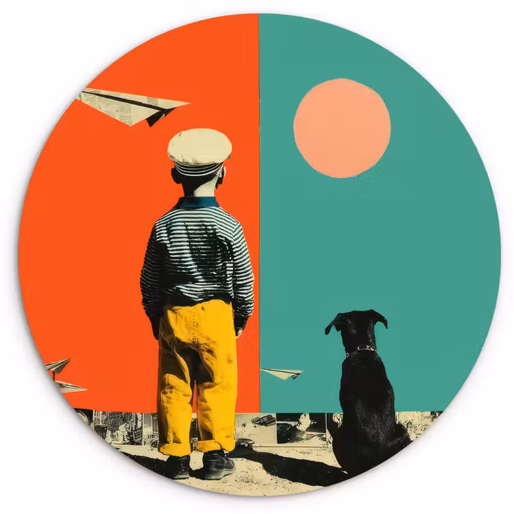 Retro - Jongen - Hond - Rood - Groen Wandcirkel kunststof plaat 5mm dik klein -3d
