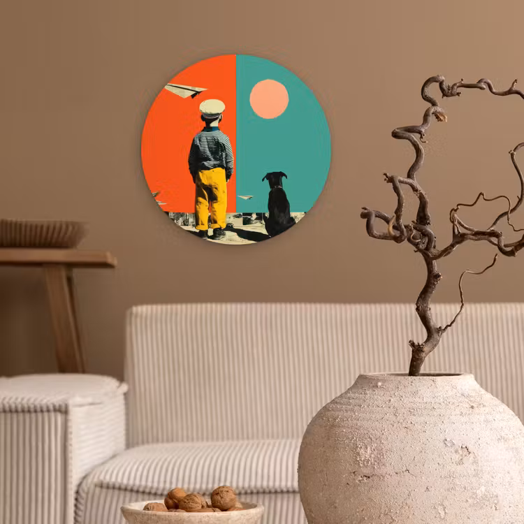 Retro - Jongen - Hond - Rood - Groen Wandcirkel kunststof plaat 5mm dik klein -sfeer1