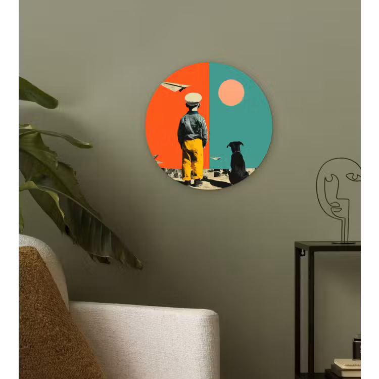 Retro - Jongen - Hond - Rood - Groen Wandcirkel kunststof plaat 5mm dik klein -sfeer3