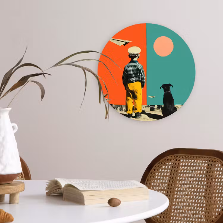 Retro - Jongen - Hond - Rood - Groen Wandcirkel kunststof plaat 5mm dik klein -sfeer4