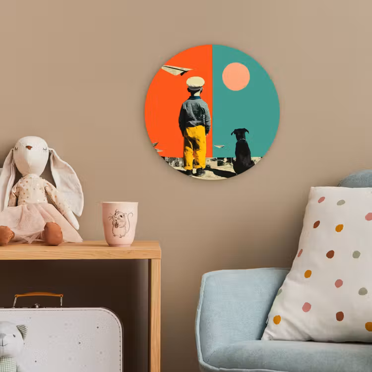 Retro - Jongen - Hond - Rood - Groen Wandcirkel kunststof plaat 5mm dik klein -tsfeer1_kind