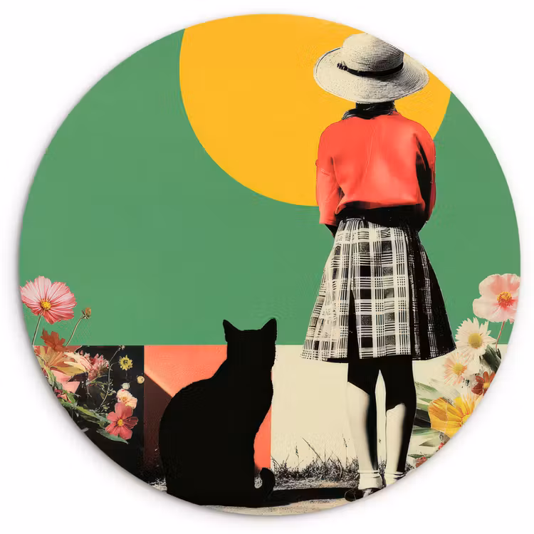 Retro - Meisje - Kat - Zon Wandcirkel kunststof plaat 5mm dik klein -3d