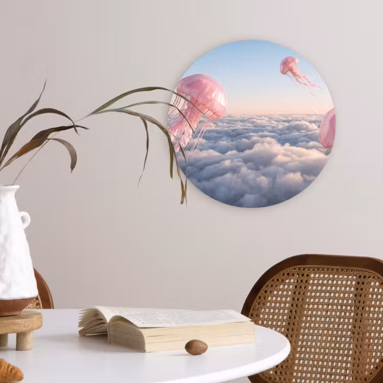 Forexbild Rund - Rosa Tier – Wolken - Roze dier - Wolken Wandcirkel kunststof plaat 5mm dik klein