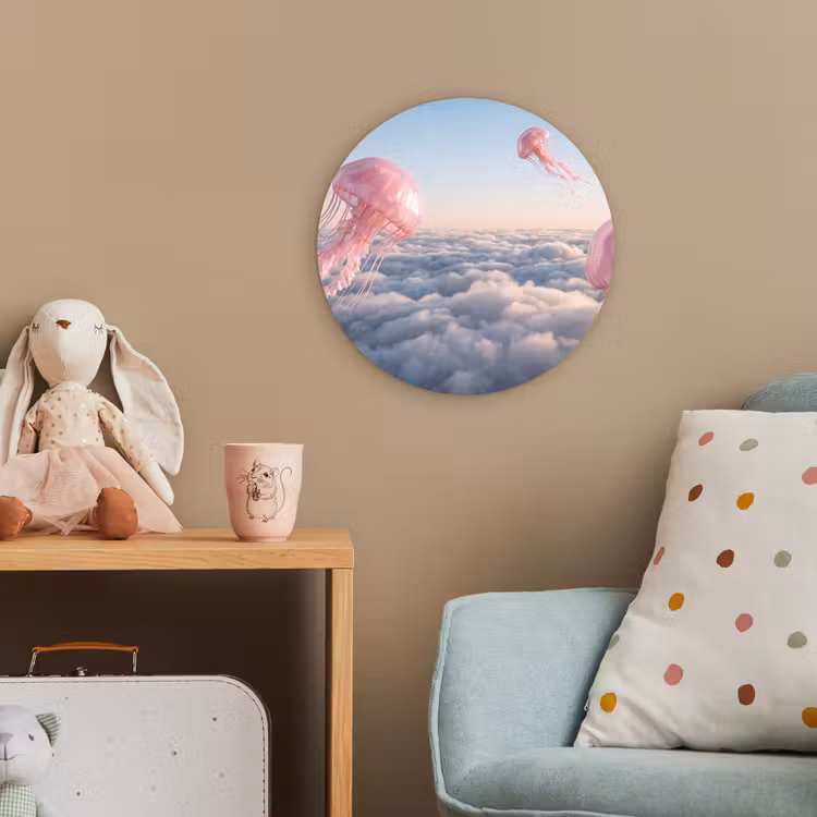Forexbild Rund - Rosa Tier – Wolken - Roze dier - Wolken Wandcirkel kunststof plaat 5mm dik klein