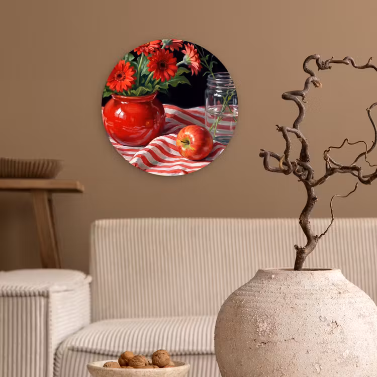 Forexbild Rund - Rote Blumen – Vase - Rode bloemen - Vaas Wandcirkel kunststof plaat 5mm dik klein