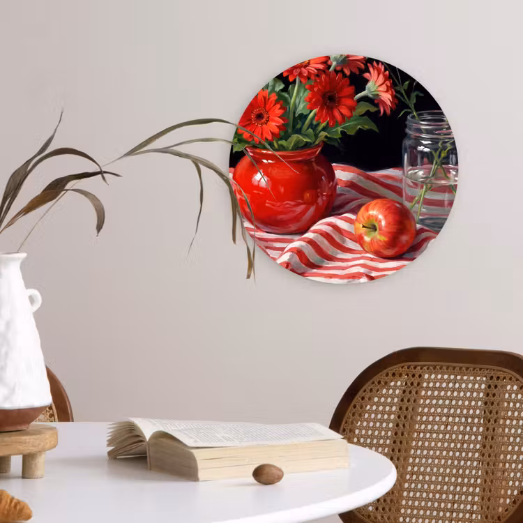 Forexbild Rund - Rote Blumen – Vase - Rode bloemen - Vaas Wandcirkel kunststof plaat 5mm dik klein