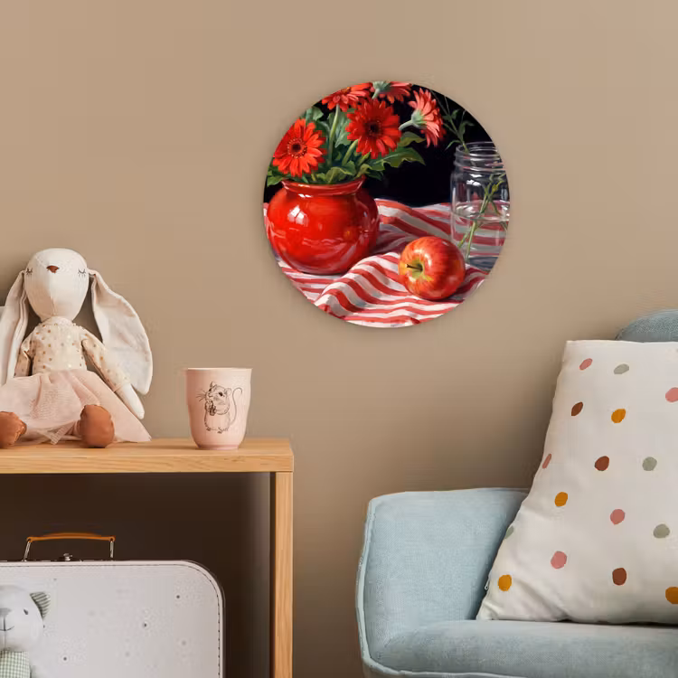 Forexbild Rund - Rote Blumen – Vase - Rode bloemen - Vaas Wandcirkel kunststof plaat 5mm dik klein