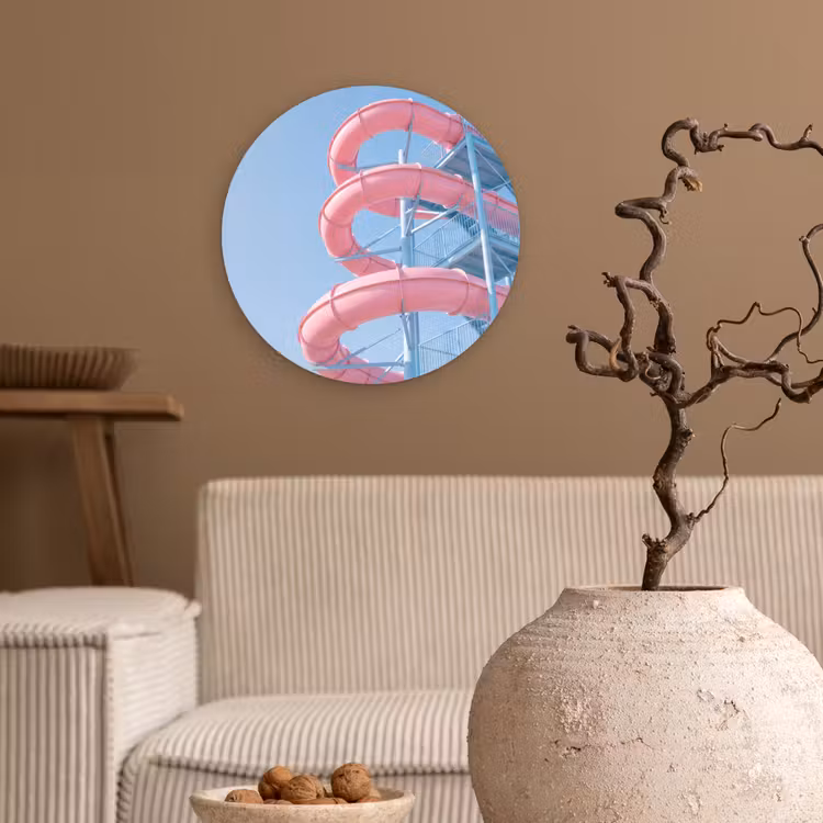 Glijbaan - Waterpark - Spiraal - Modern - Roze Wandcirkel kunststof plaat 5mm dik klein -sfeer1