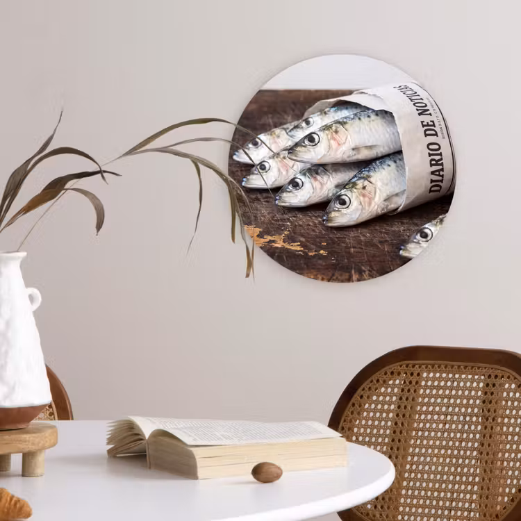Forexbild Rund - Sardine – Zeitung – Schneidebrett - Sardientje - krant - snijplank Wandcirkel kunststof plaat 5mm dik klein