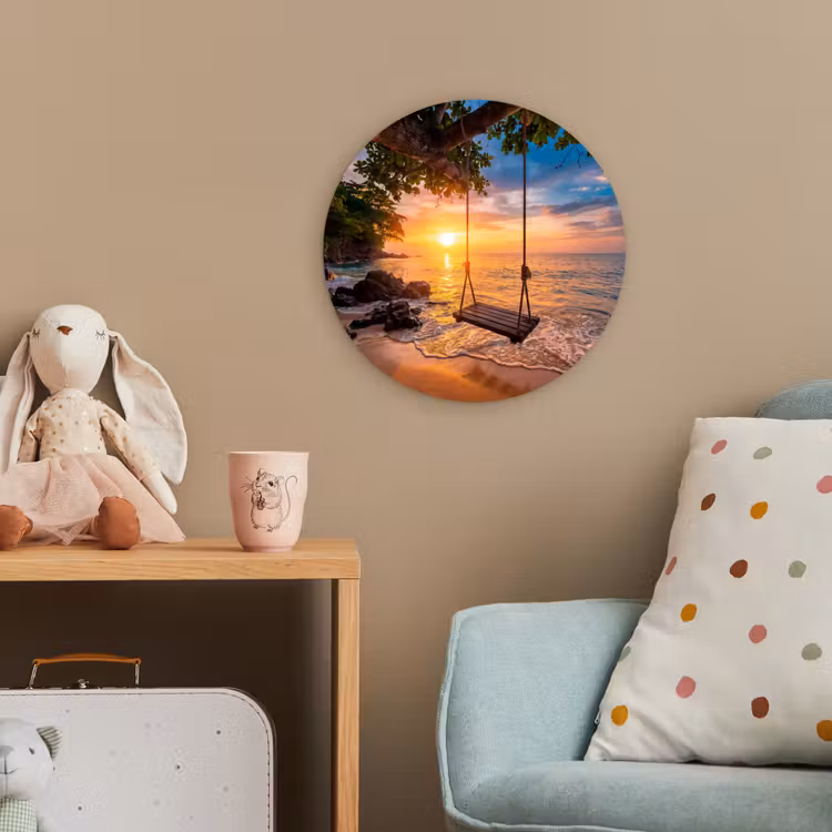 Schommel - Strand - Zonsondergang - Natuur - Oranje Wandcirkel kunststof plaat 5mm dik klein -tsfeer1_kind