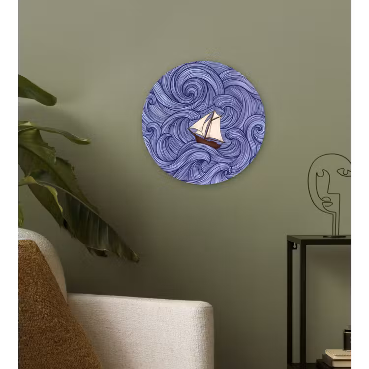 Schip - Golven - Zee - Illustratie - Blauw Wandcirkel kunststof plaat 5mm dik klein -sfeer3